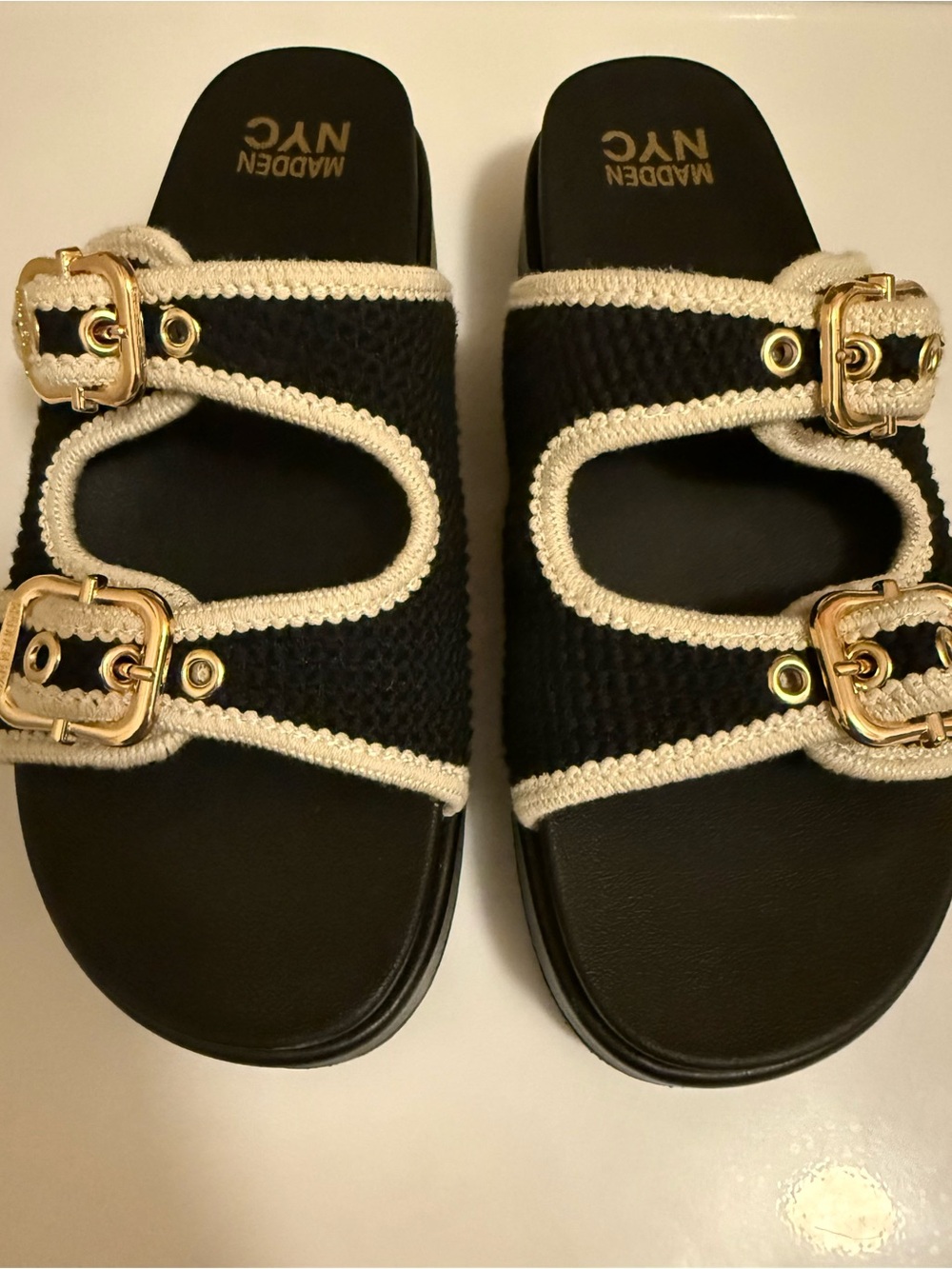 Madden NYC Women's Black & Cream Buckle Slide Sandals